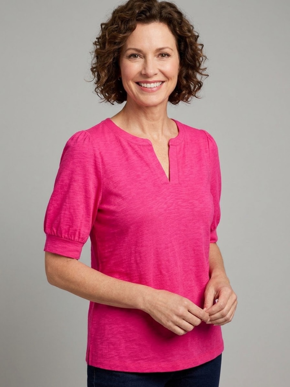 Talbots Pink Split-Neck Puff Sleeve Top. Size Medium Petite